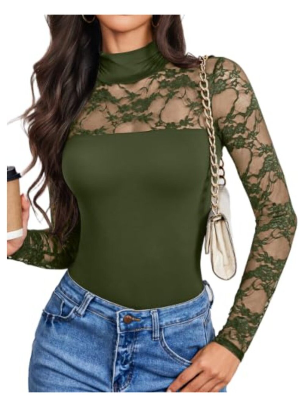 Lace Long Sleeve Bodysuit Turtle Neck Thong Back Snap Closure